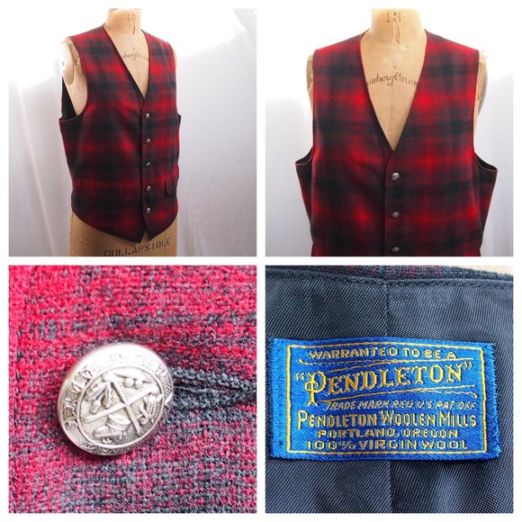 Pendleton Other - vtg 60s PENDLETON Wool Red Tartan Plaid Vest Waistcoat Cruiser Silver Buttons M